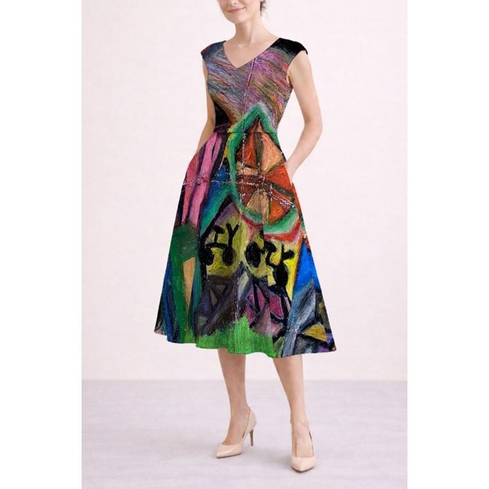 Man On The Bicycle Audrey Fit & Flare Midi Dress – Abstract Art Dress